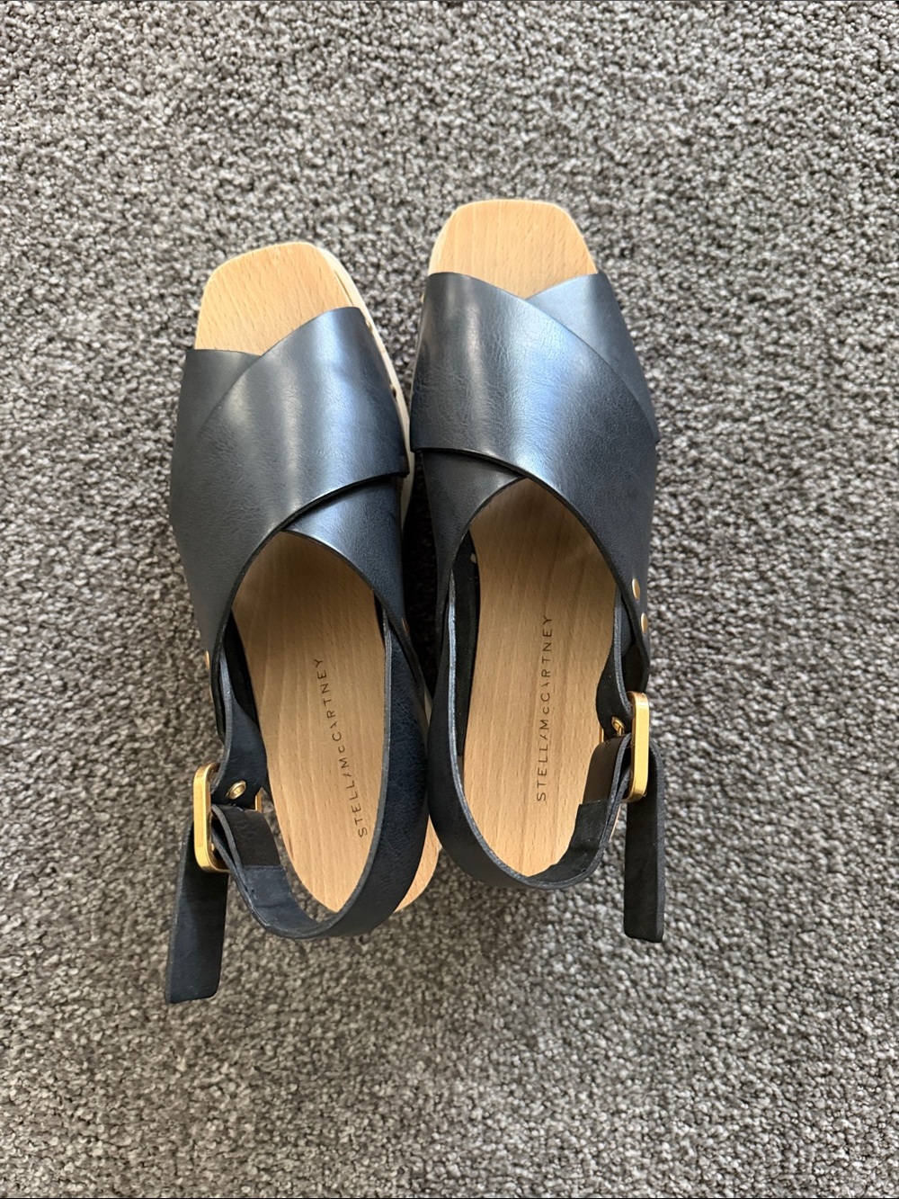 Stella McCartney Black Crisscross Wedge Slingbacks with Gold Buckles